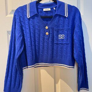 SANDRO NWOT Royal Blue Wool/Cashmere Cropped Cardigan W/ White Trim Size 2 (M/L)